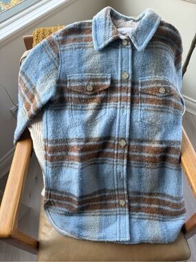 Wilfred Free Light Blue and Brown Plaid Wool Shacket
